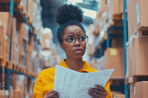 Warehouse manager reading inventory and feeling confused by logistics report