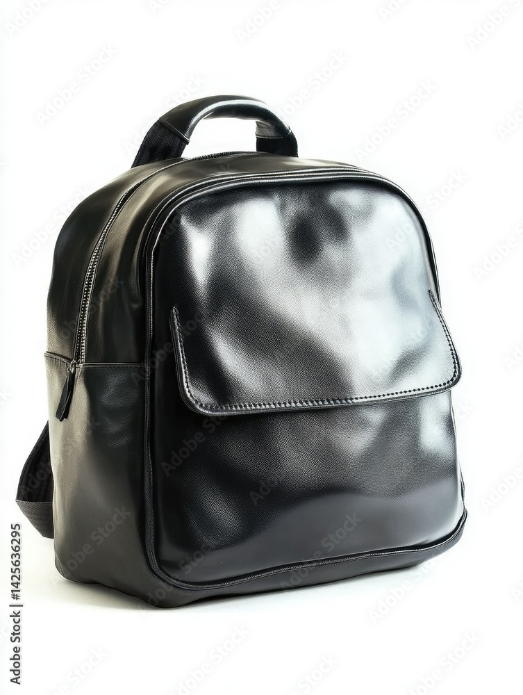 A sleek black leather backpack positioned elegantly against a white background, showcasing its smooth texture and stylish design, ideal for fashion or lifestyle photography A sleek black leather backpack positioned elegantly against a white background, showcasing its smooth texture and stylish design, ideal for fashion or lifestyle photography