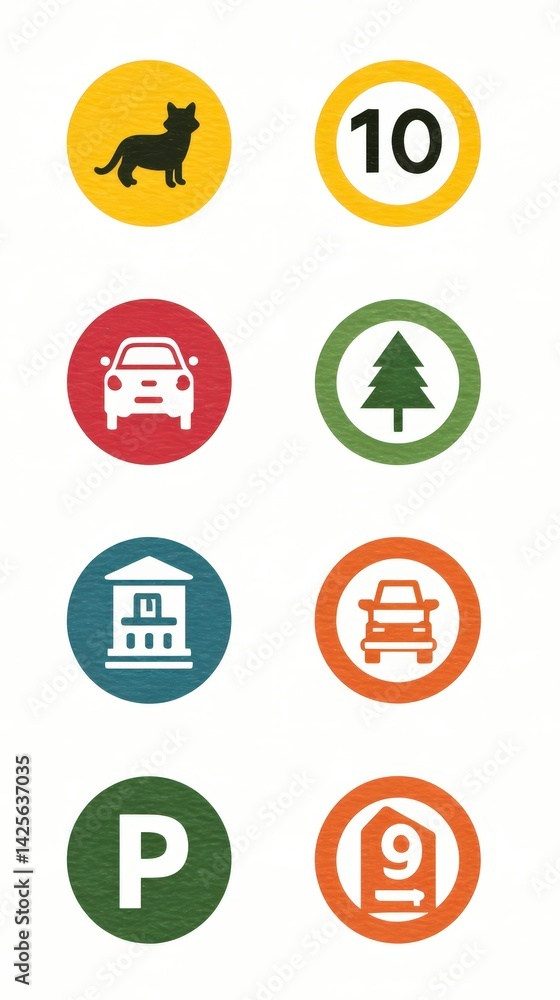 Colorful Round Road Signs Navigation Parking Speed Limit Animals Buildings Trees Colorful Round Road Signs Navigation Parking Speed Limit Animals Buildings Trees