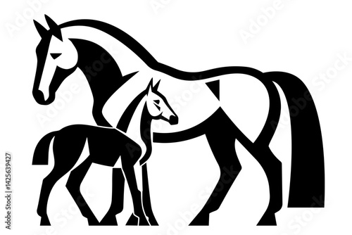 Stylized black and white vector illustration of a horse with a foal in minimal geometric design