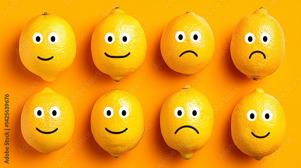 Happy and Sad Lemon Faces on Orange Background Happy and Sad Lemon Faces on Orange Background