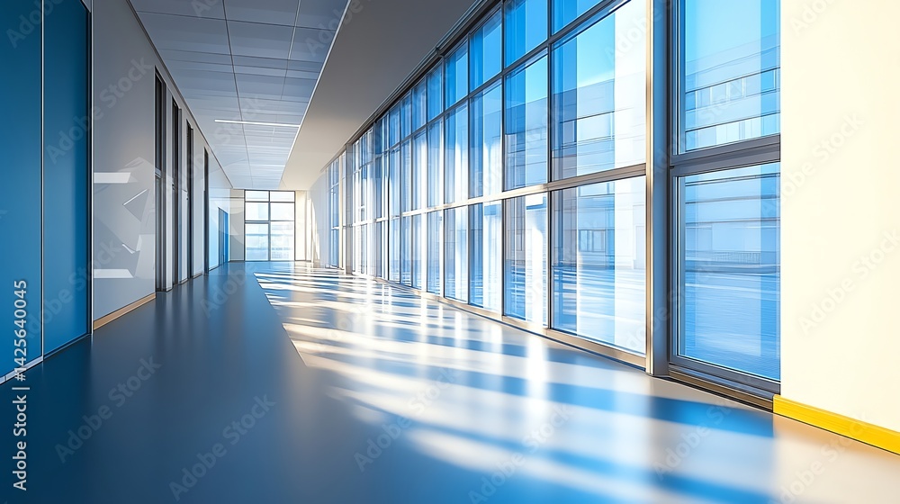 Walking Down a Modern Interior Hallway Flooded with Natural Sunlight Walking Down a Modern Interior Hallway Flooded with Natural Sunlight