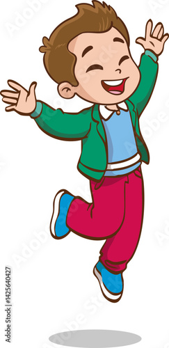 cute little boy excited, jumping with both hands up, feeling happy vector illustration