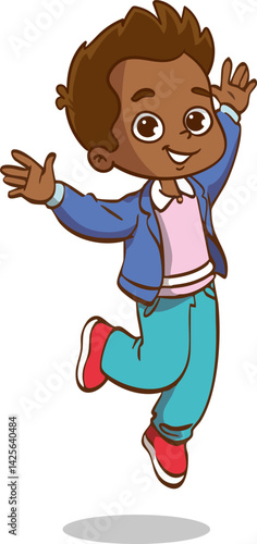 cute little boy excited, jumping with both hands up, feeling happy vector illustration