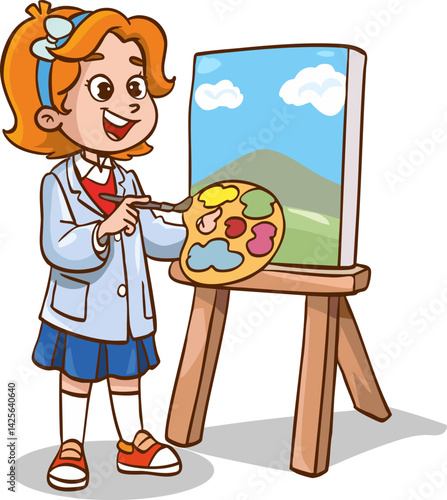 Vector Illustration of a Little Girl Painting on an Easel. cute schoolgirl working with oil paints in the workshop in art class