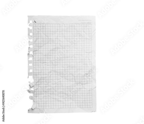 Plaid texture on crumpled white paper. A sheet of chequered paper on a white background close up