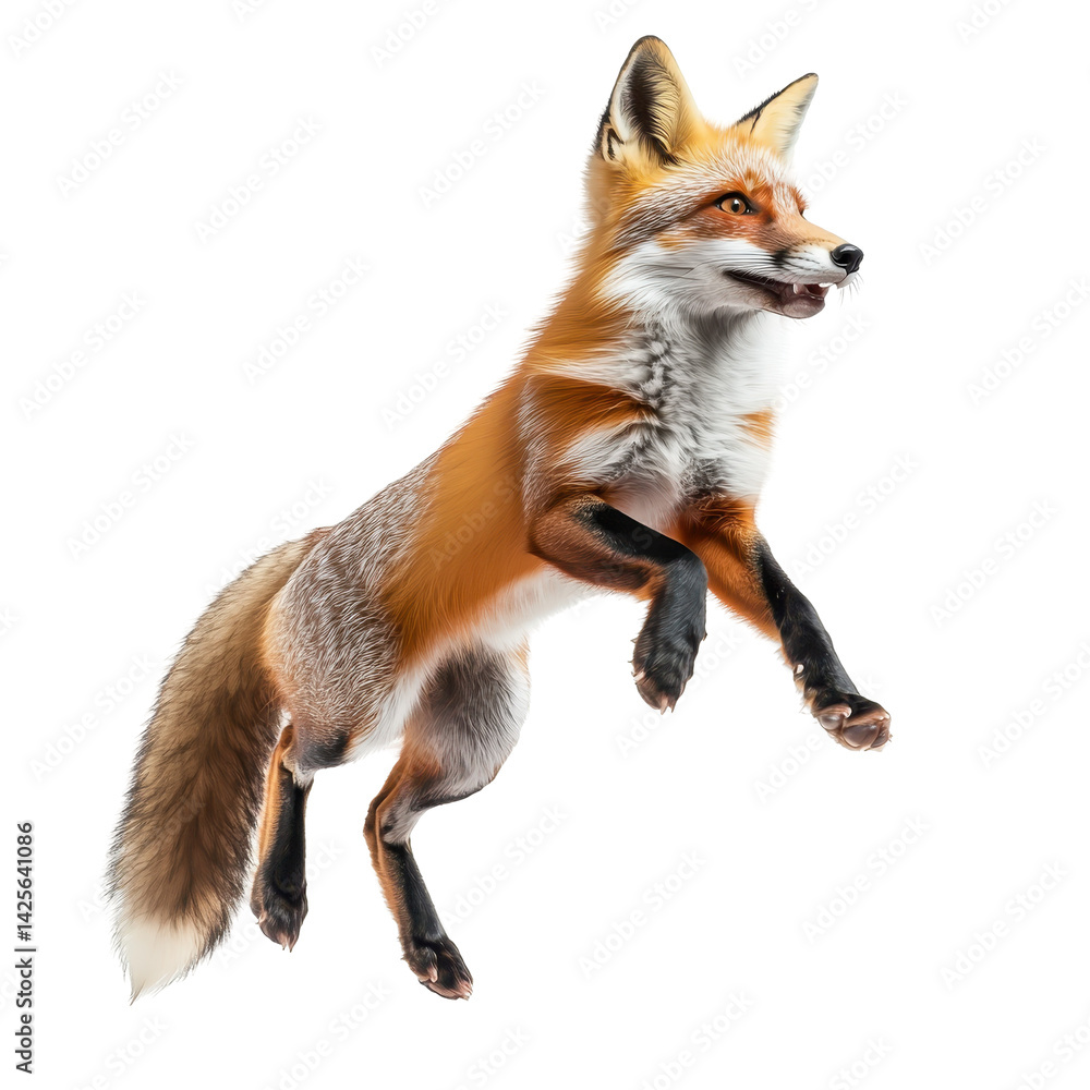 Obraz premium Playful fox jumping through the air in full body view isolated on bright white background