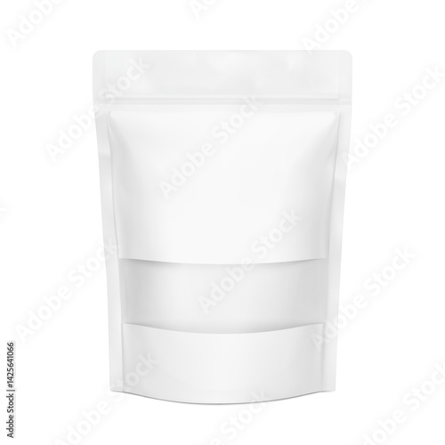Pouch stand bag with clear window mockup. Vector illustration isolated on white background. Easy to make a realistic mockup of your product. Ready for your design. EPS10.