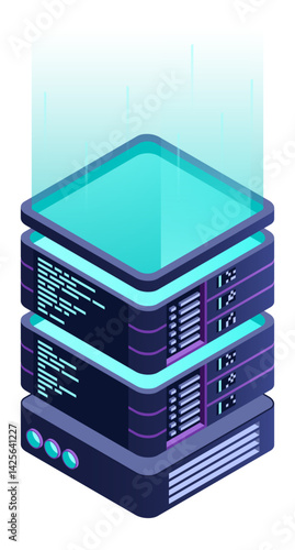 Isometric futuristic server. Isometric database or data center. Abstract blockchain. Computer storage. Cloud storage. Isometric technology