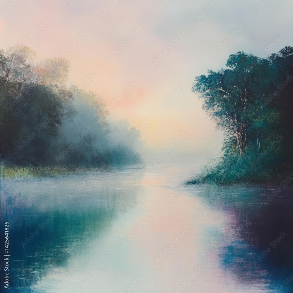 Naklejka premium Misty River Valley Sunrise