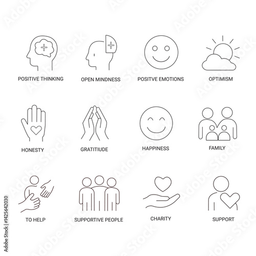 Line Style Relationship and Positivity Icons Set 
 Minimalist Mental Health and Support Symbols.
