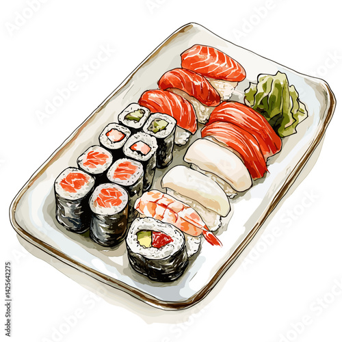 Watercolor Sushi Platter Overhead – Artistic Japanese Cuisine
