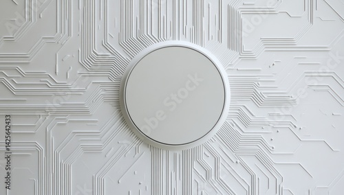 White circle on textured white background with circuit board pattern.