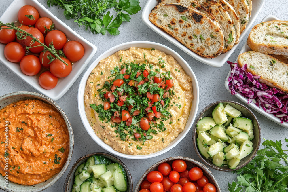 Assorted vegan dips and vegetables with bread on gray background Assorted vegan dips and vegetables with bread on gray background