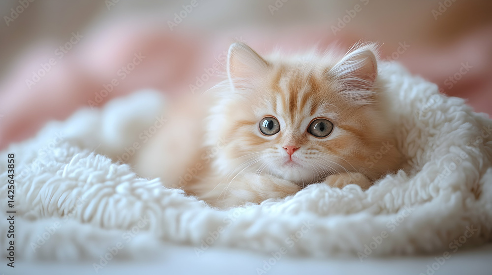Obraz premium Cute Kitten Lying on Fluffy Blanket