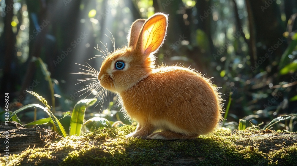 Fototapeta premium A curious orange bunny sitting on a mossy log in sunlit forest woodland