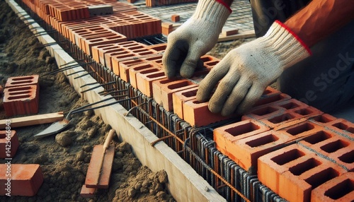 Brick wall construction with visible steel reinforcement bars