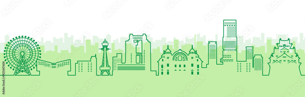 Obraz premium 高層ビルと城のある日本の街並みのイラスト、大阪(線画)