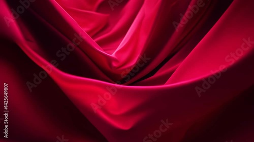 Satin lightweight airy red fabric gracefully twists and folds, flowing in the wind