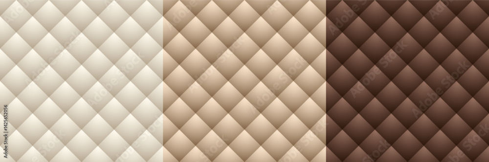 Naklejka premium Brown, beige and creamy colored seamless pattern with rhombus quilted leather texture. Geometric background in classic style. Vector print for fabric, interior textile, tile, furniture upholstery.