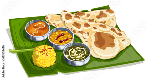 Zarda, Saag Paneer, Chana Dal and Malai Kofta Served with Naan on Banana Leaf. Traditional Indian Sadhya Cuisine Detailed Illustration