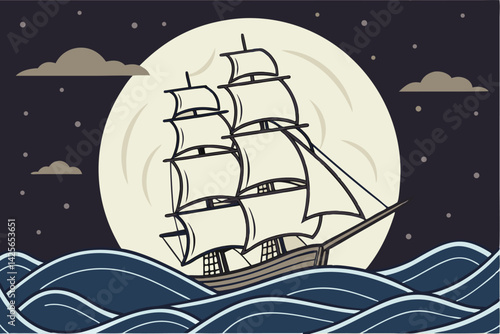Sailing Ship Under Full Moon at Night Serene Nautical Scene Illustration