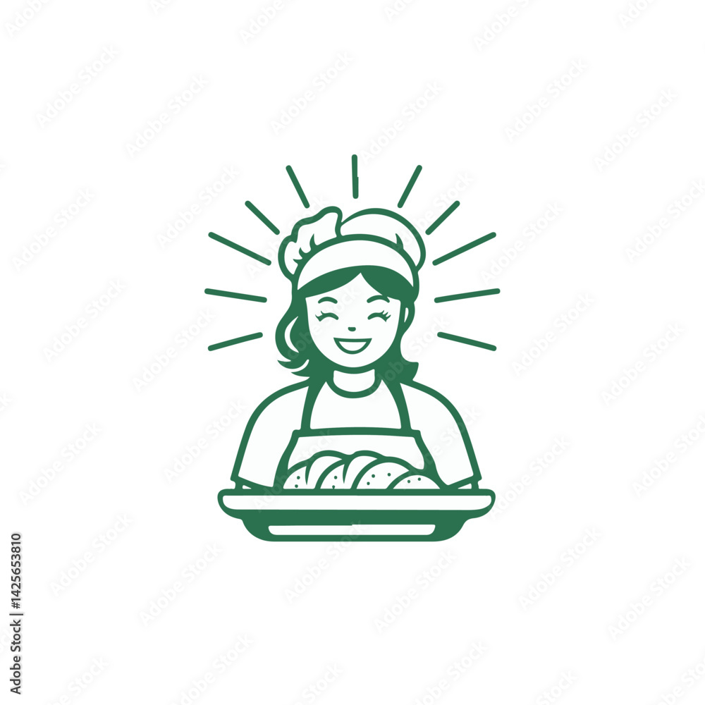 Fototapeta premium Smiling female baker holding a tray of bread with rays of light vector illustration