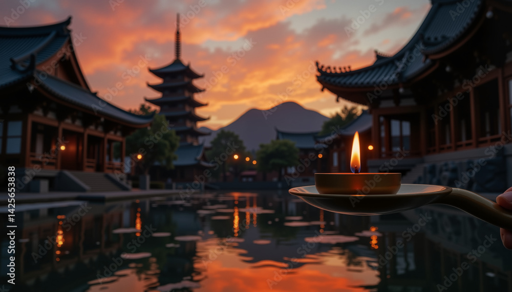 Obraz premium Pagoda silhouette and Floating candles at sunset in serene setting 
