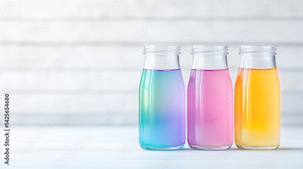 Three colorful glass bottles filled with vibrant liquids, arranged in a row on a light wooden surface with a soft focus white brick wall background, and minimalist and modern composition. Three colorful glass bottles filled with vibrant liquids, arranged in a row on a light wooden surface with a soft focus white brick wall background, and minimalist and modern composition.