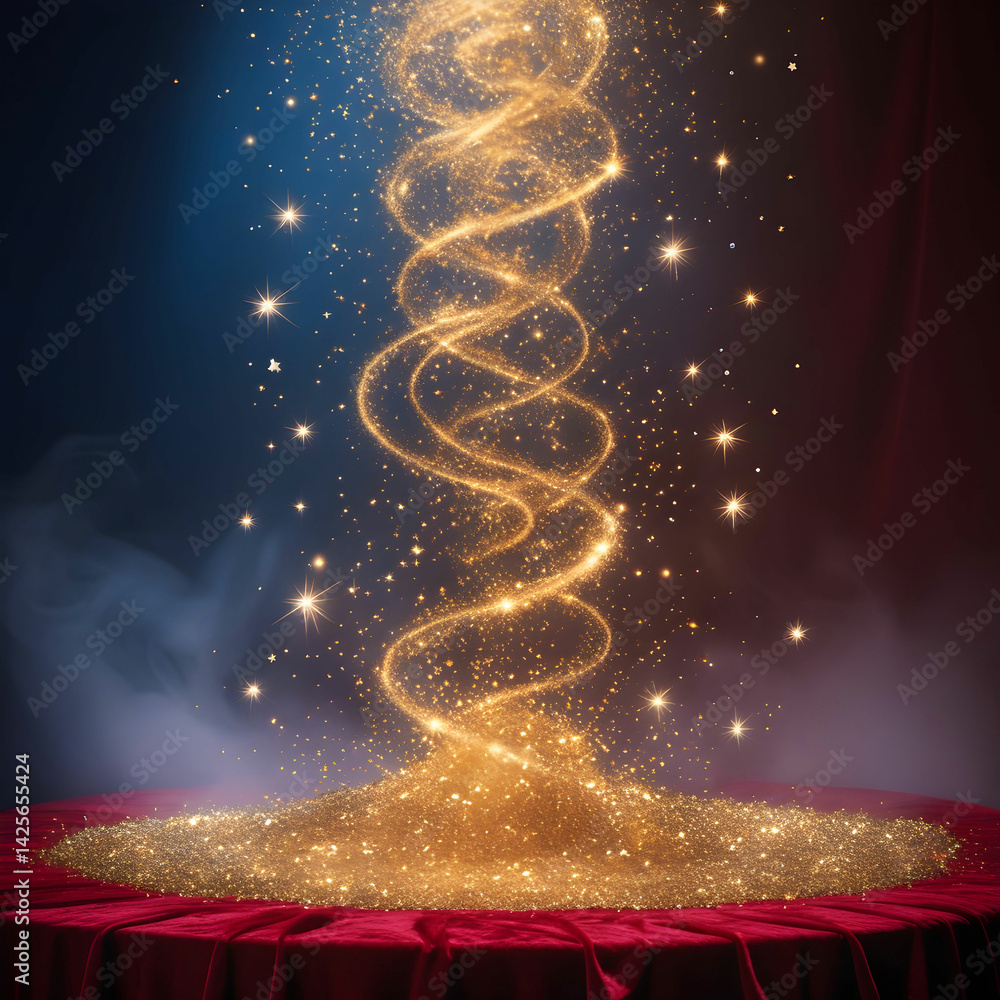 Obraz premium Mesmerizing Crimson Stage Bathed in Golden Spotlights with Twinkling Sparkles Cascading Gently in Dreamlike Motion