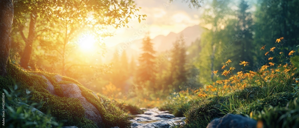 Fototapeta premium Close-up forest stream with sunlight and wildflowers. Active Summer Travel concept.