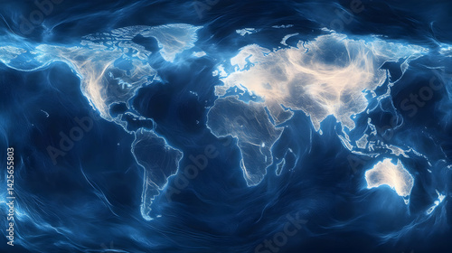 World Map Glow - Continents in Blue and White