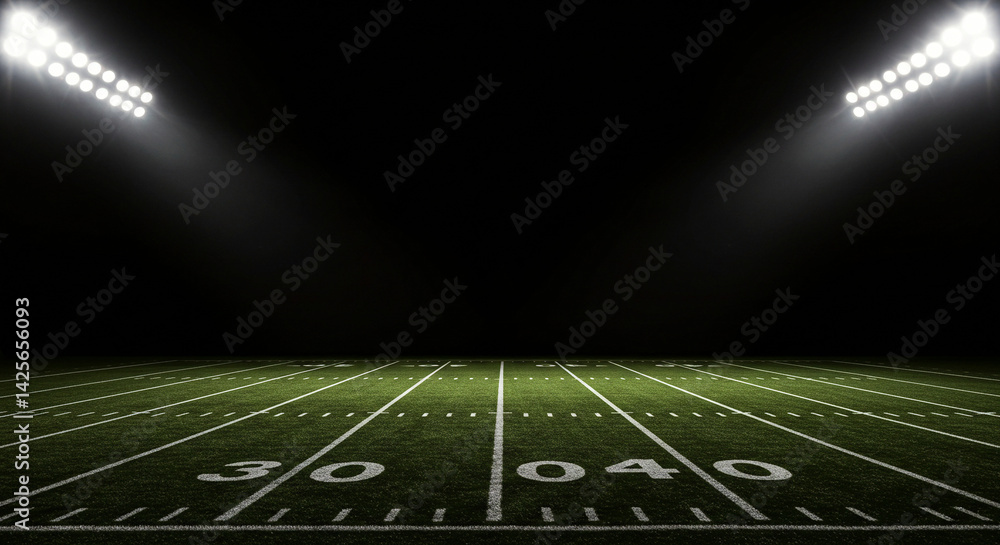Obraz premium Empty Football Field at Night Under Bright Stadium Lights
