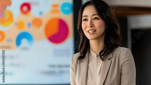 プレゼンやスピーチで聴衆に向かって話す日本人女性（講演・会社員・講師・起業・教育）