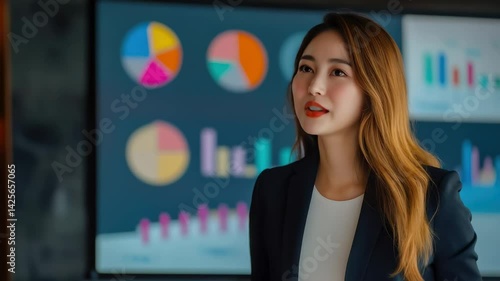 プレゼンやスピーチで聴衆に向かって話す日本人女性（講演・会社員・講師・起業・教育）