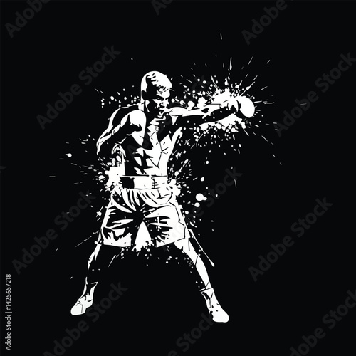 Boxing sport illustration fighter knockout punch black and white background art
