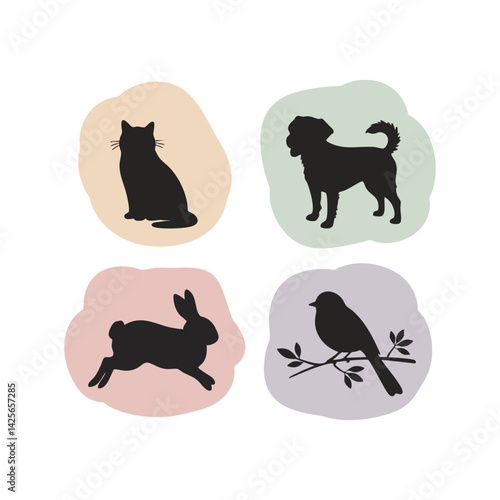Collection of pet animal silhouettes cat dog rabbit bird vector illustration