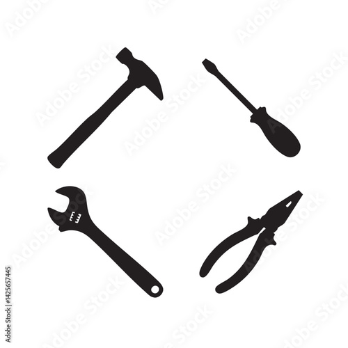 Stock vector illustration of essential tools hammer screwdriver wrench pliers