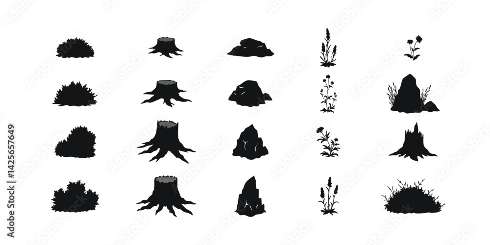 Naklejka premium Vector silhouette set of nature elements bushes stumps rocks and plants design