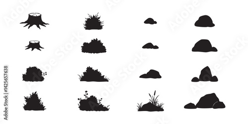 Vector silhouettes of tree stumps bushes and rocks for landscape design asset