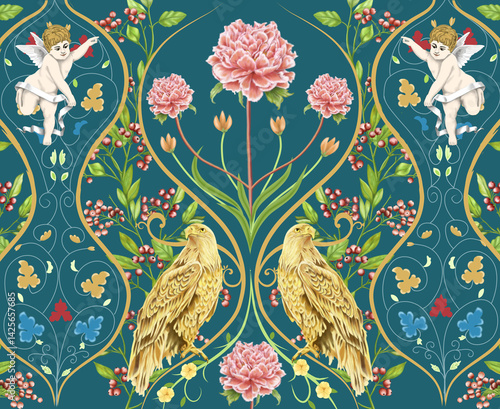 Curtain Design with twin cherubim and gold eagle on tosca background