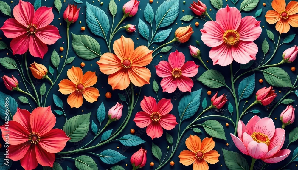 Intricate, vibrant blooms in repeating design, design, surface Intricate, vibrant blooms in repeating design, design, surface