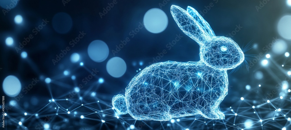 Obraz premium Glowing Holographic Rabbit. Polygonal Wireframe Composed of Blue Lines and Sparkling Dots.
