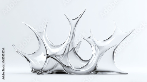 Abstract sculpture of smooth, flowing forms, made of transparent glass, minimalist composition on a gray background. Copy space. Generative AI
