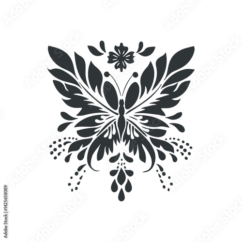 Vector linocut poster template with butterfly. Modern trendy minimal style. Black and white colors. Botanical blockprint. Hand drawn design for wallpaper, wall decor, print, postcard, cover, template.