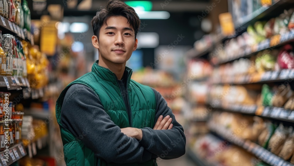 Portrait of a smiling supermarket worker in a grocery store with vibrant lighting and inviting ambiance Portrait of a smiling supermarket worker in a grocery store with vibrant lighting and inviting ambiance