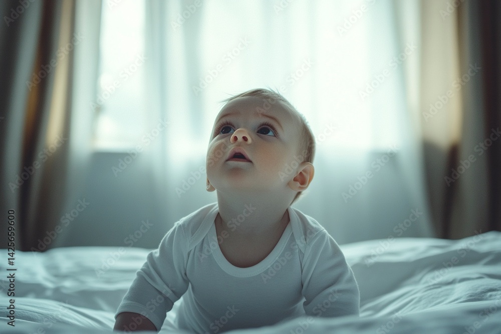 custom made wallpaper toronto digitalCute baby boy in a white bodysuit looking up, on the bed at home. Closeup portrait with a blurred background, leaving space for copy.