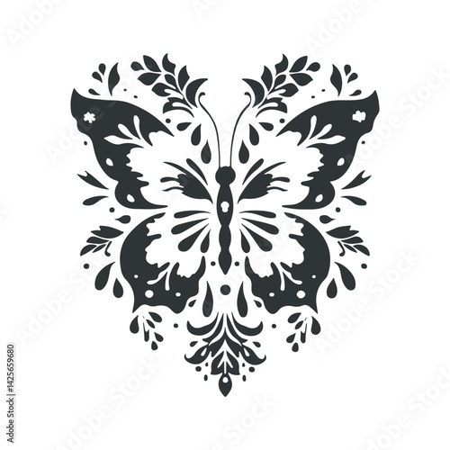 Vector linocut poster template with butterfly. Modern trendy minimal style. Black and white colors. Botanical blockprint. Hand drawn design for wallpaper, wall decor, print, postcard, cover, template.
