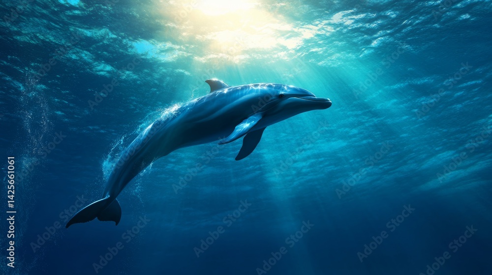 Obraz premium Majestic marine mammals like whales and dolphins swimming gracefully in deep blue waters,