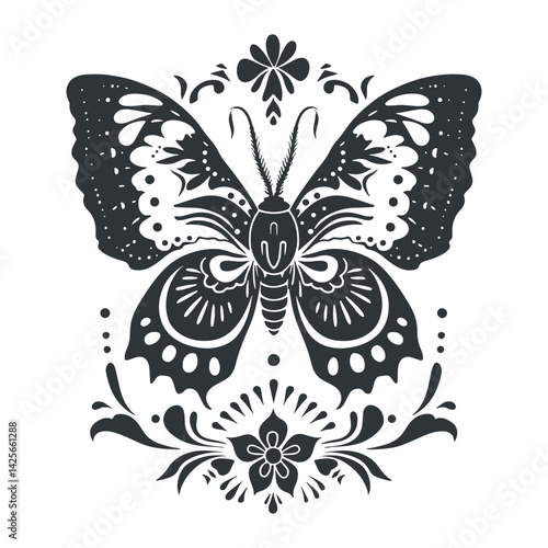 Vector linocut poster template with butterfly. Modern trendy minimal style. Black and white colors. Botanical blockprint. Hand drawn design for wallpaper, wall decor, print, postcard, cover, template.